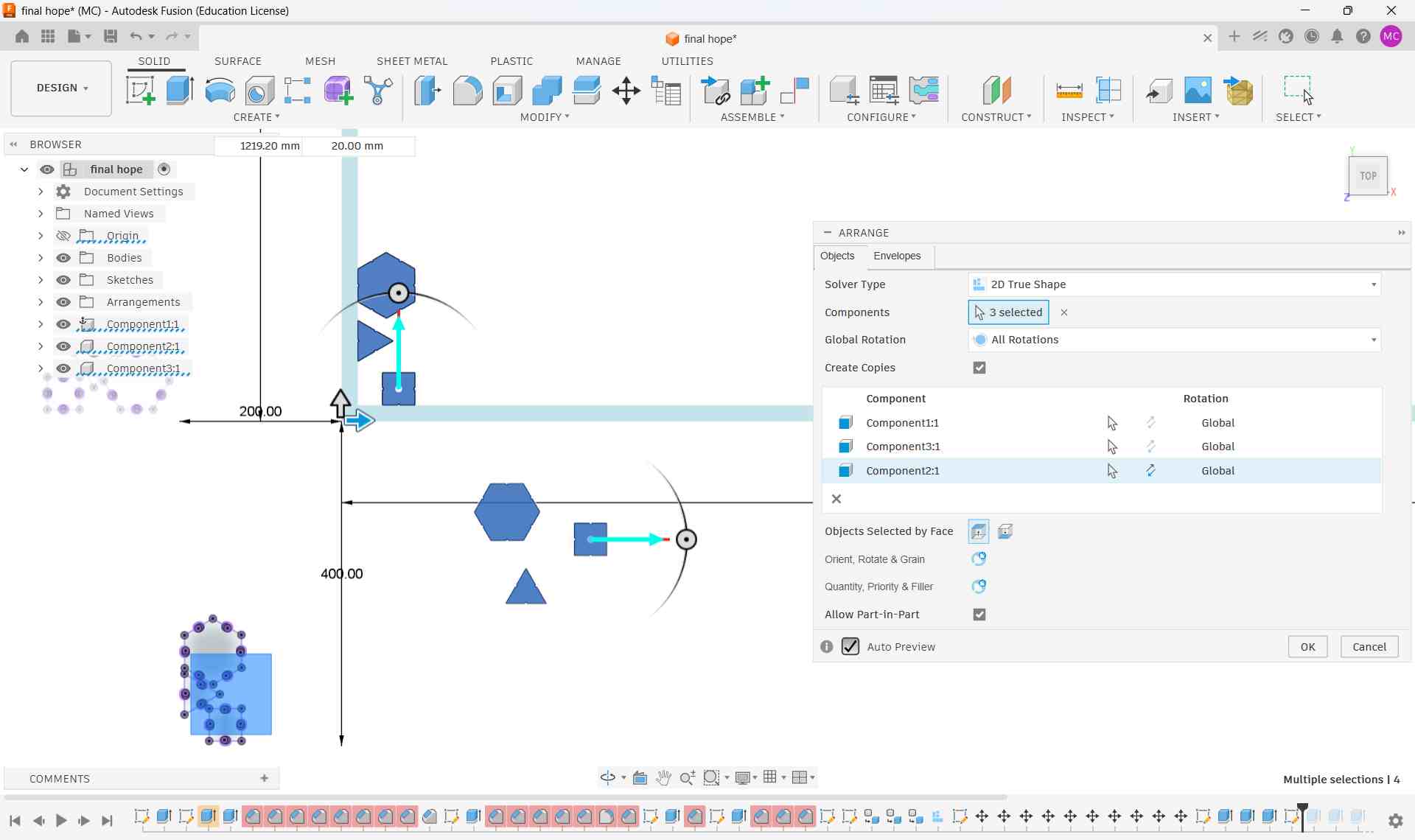 Fusion 360 Arrange function — components arranged flat